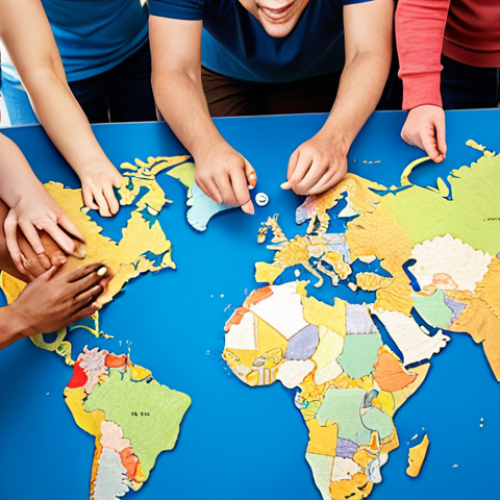 Home 17 **GlobalBridge Helping SMEs:** A diverse group of people from different countries collaborating happily around a world map, with the GlobalBridge logo subtly incorporated.