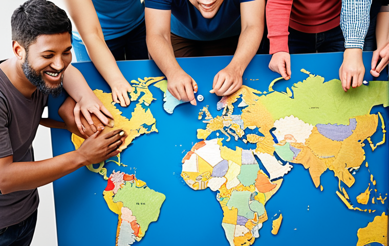**GlobalBridge Helping SMEs:** A diverse group of people from different countries collaborating happily around a world map, with the GlobalBridge logo subtly incorporated.
