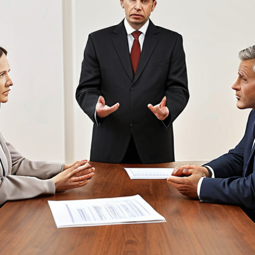 Home 16 **Mediation scene:** A neutral mediator facilitating a discussion between two disputing parties to reach a mutually agreeable resolution. Focus on a calm and collaborative atmosphere.