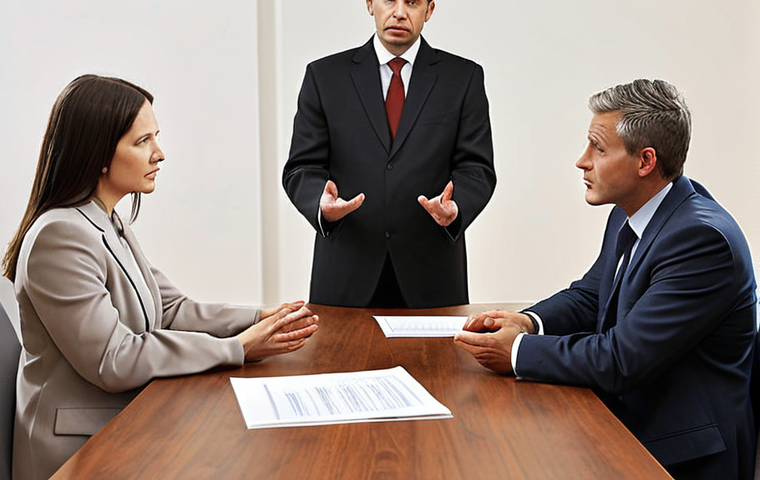 **Mediation scene:** A neutral mediator facilitating a discussion between two disputing parties to reach a mutually agreeable resolution. Focus on a calm and collaborative atmosphere.