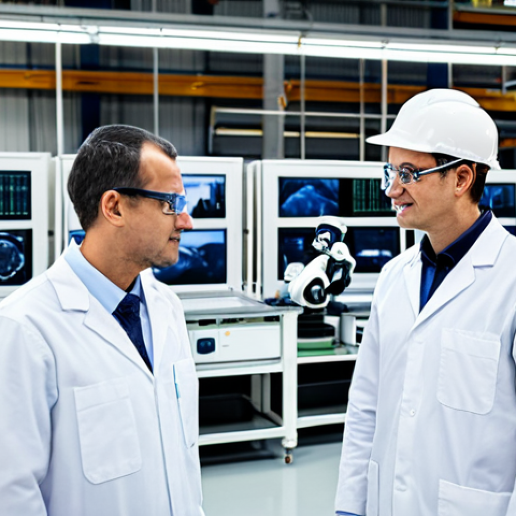 A group of professional engineers and technicians, diverse in background, fully clothed in professional, modest work attire including clean lab coats and safety glasses, with appropriate dress shirts and trousers. They are standing inside a state-of-the-art smart factory, featuring advanced robotic arms, automated assembly lines, and large digital displays showing real-time production data and analytics. The facility is brightly lit and modern. Perfect anatomy, correct proportions, natural pose, well-formed hands, proper finger count, natural body proportions. Professional photography, high quality, highly detailed, realistic, safe for work, appropriate content, fully clothed, professional.