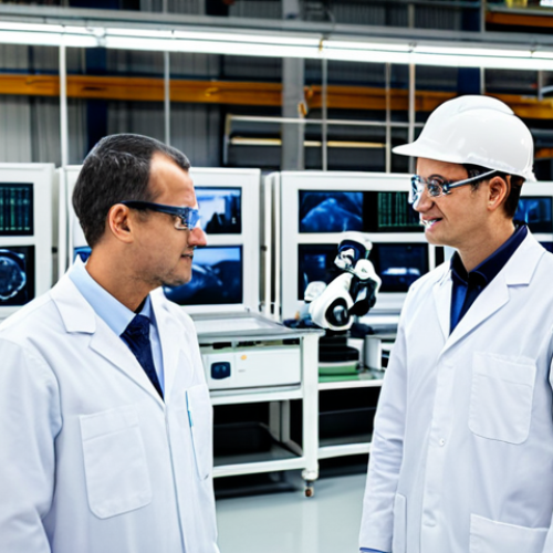 Home 15 A group of professional engineers and technicians, diverse in background, fully clothed in professional, modest work attire including clean lab coats and safety glasses, with appropriate dress shirts and trousers. They are standing inside a state-of-the-art smart factory, featuring advanced robotic arms, automated assembly lines, and large digital displays showing real-time production data and analytics. The facility is brightly lit and modern. Perfect anatomy, correct proportions, natural pose, well-formed hands, proper finger count, natural body proportions. Professional photography, high quality, highly detailed, realistic, safe for work, appropriate content, fully clothed, professional.