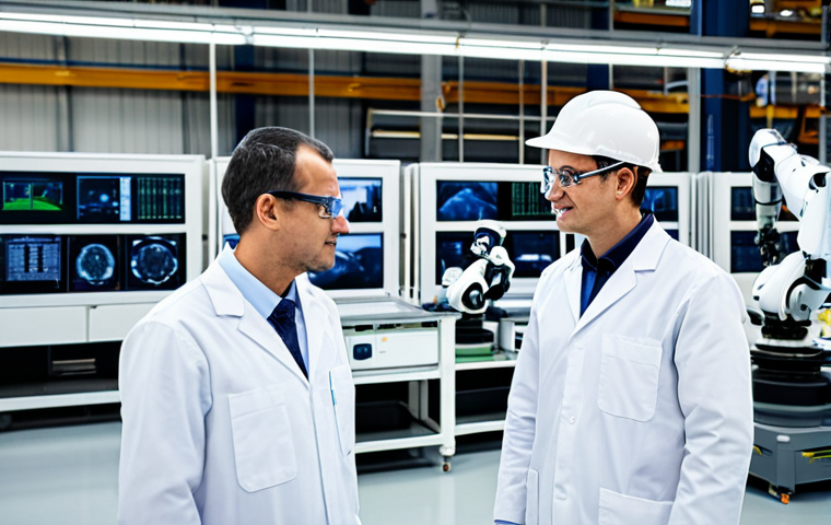 A group of professional engineers and technicians, diverse in background, fully clothed in professional, modest work attire including clean lab coats and safety glasses, with appropriate dress shirts and trousers. They are standing inside a state-of-the-art smart factory, featuring advanced robotic arms, automated assembly lines, and large digital displays showing real-time production data and analytics. The facility is brightly lit and modern. Perfect anatomy, correct proportions, natural pose, well-formed hands, proper finger count, natural body proportions. Professional photography, high quality, highly detailed, realistic, safe for work, appropriate content, fully clothed, professional.