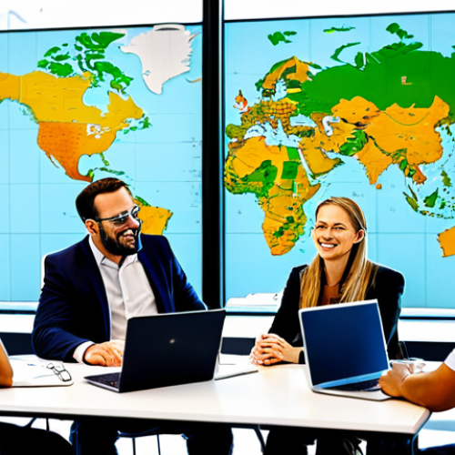 Home 14 Global Connectivity**
A diverse group of professionals from around the world collaborating on a project in a modern, brightly lit office. They are using laptops and engaging in a lively discussion. Background shows a world map highlighting interconnected cities. Everyone is fully clothed in appropriate business attire. safe for work, appropriate content, family-friendly, perfect anatomy, correct proportions, natural pose.
**