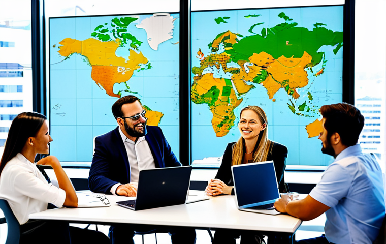 Global Connectivity**

A diverse group of professionals from around the world collaborating on a project in a modern, brightly lit office. They are using laptops and engaging in a lively discussion. Background shows a world map highlighting interconnected cities. Everyone is fully clothed in appropriate business attire. safe for work, appropriate content, family-friendly, perfect anatomy, correct proportions, natural pose.

**