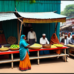 "A vibrant marketplace in a small Indian town, showcasing local artisans and farmers connected to global markets via the 'Global Bridge' initiative, fully clothed individuals in traditional attire, appropriate content, safe for work, professional photography, correct proportions, well-formed hands, modest clothing."