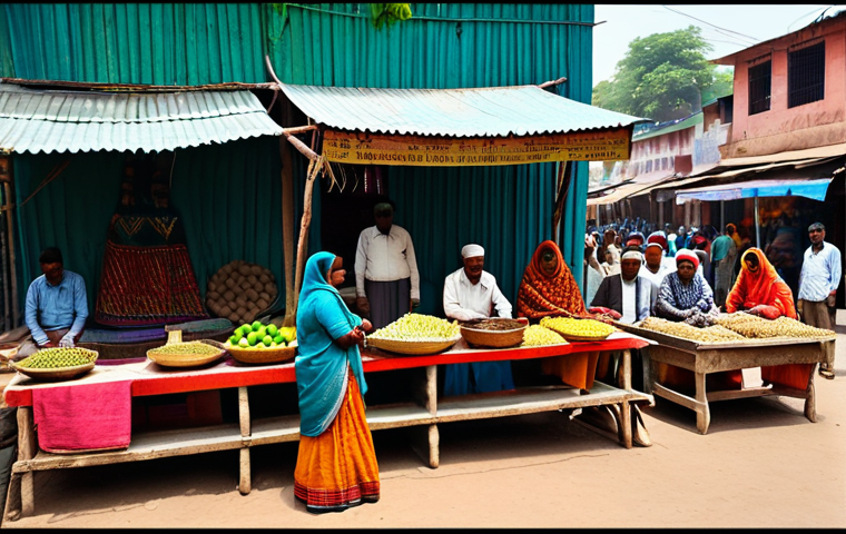 "A vibrant marketplace in a small Indian town, showcasing local artisans and farmers connected to global markets via the 'Global Bridge' initiative, fully clothed individuals in traditional attire, appropriate content, safe for work, professional photography, correct proportions, well-formed hands, modest clothing."