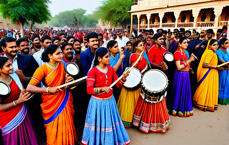 글로벌브릿지와 문화 유산 - **
"A diverse group of people are gathered at a vibrant cultural festival in Rajasthan, India, full...