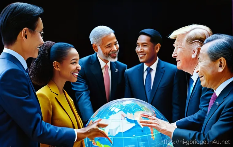 글로벌브릿지와 정치적 협상 - **Prompt Title:** Global Diplomacy: Navigating Friendship and Tension
    **Image Prompt:** A divers...