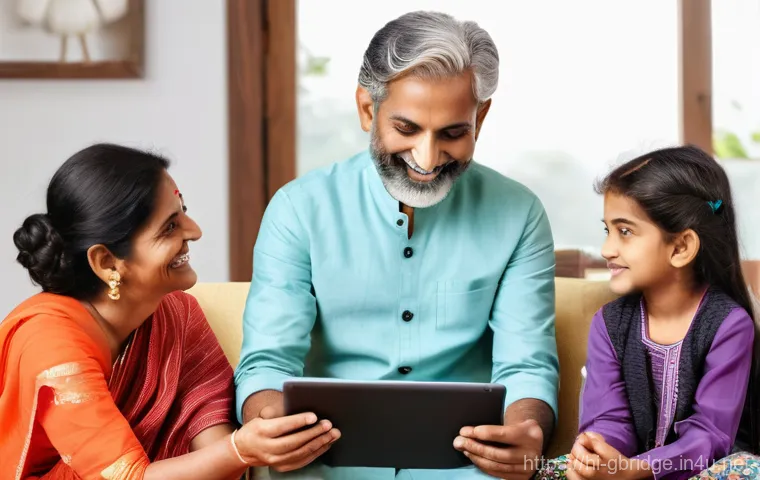글로벌브릿지와 디지털 트랜스포메이션 - **Prompt:** A vibrant, multi-generational Indian family gathered in a beautifully decorated living r...