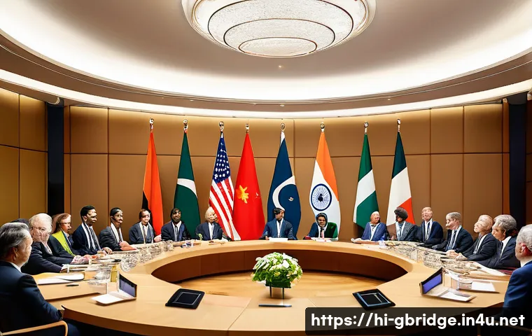 글로벌브릿지와 평화 유지 군 - A diverse group of international diplomats and representatives seated around a large round table in ...
