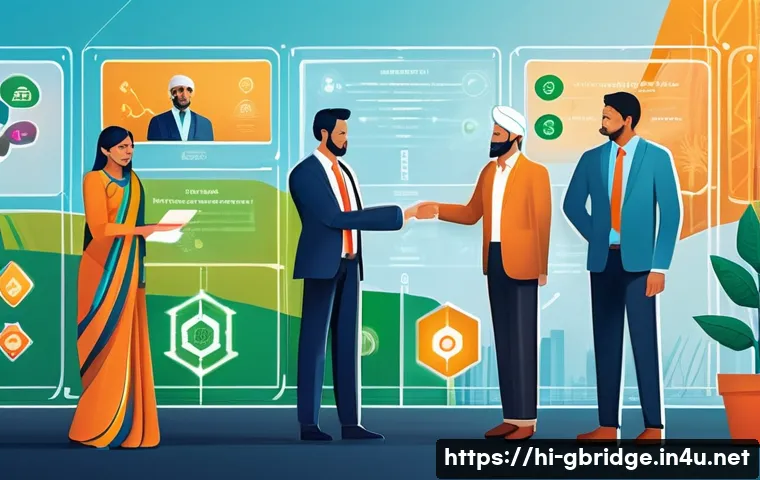글로벌브릿지와 블록체인 솔루션 - A vibrant digital illustration showing a diverse group of Indian professionals and farmers interacti...
