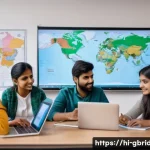 Home 21 글로벌브릿지와 글로벌 교육 - A vibrant classroom scene showing a diverse group of international students, including Indian studen...