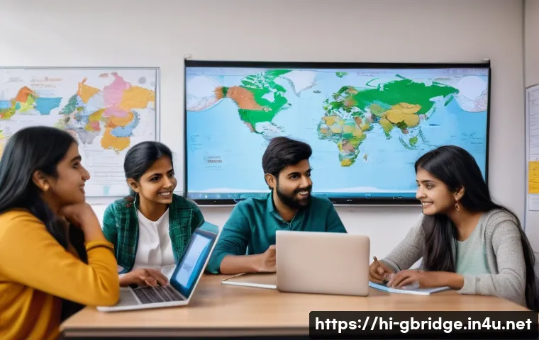 글로벌브릿지와 글로벌 교육 - A vibrant classroom scene showing a diverse group of international students, including Indian studen...