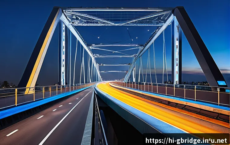 교량 기술 혁신 - A modern smart bridge equipped with advanced sensor technology, showing multiple sensors installed a...