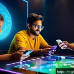 Home 18 글로벌브릿지와 스포츠 산업 - A vibrant scene of a futuristic interactive gaming platform showcasing diverse Indian players of all...