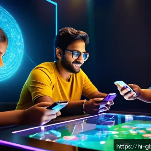 Home 30 글로벌브릿지와 스포츠 산업 - A vibrant scene of a futuristic interactive gaming platform showcasing diverse Indian players of all...