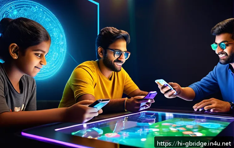 글로벌브릿지와 스포츠 산업 - A vibrant scene of a futuristic interactive gaming platform showcasing diverse Indian players of all...