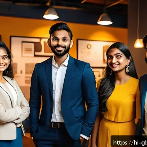 Home 17 글로벌브릿지와 기술 기반 스타트업 - A diverse group of young Indian entrepreneurs in modern business attire, engaging in a lively networ...