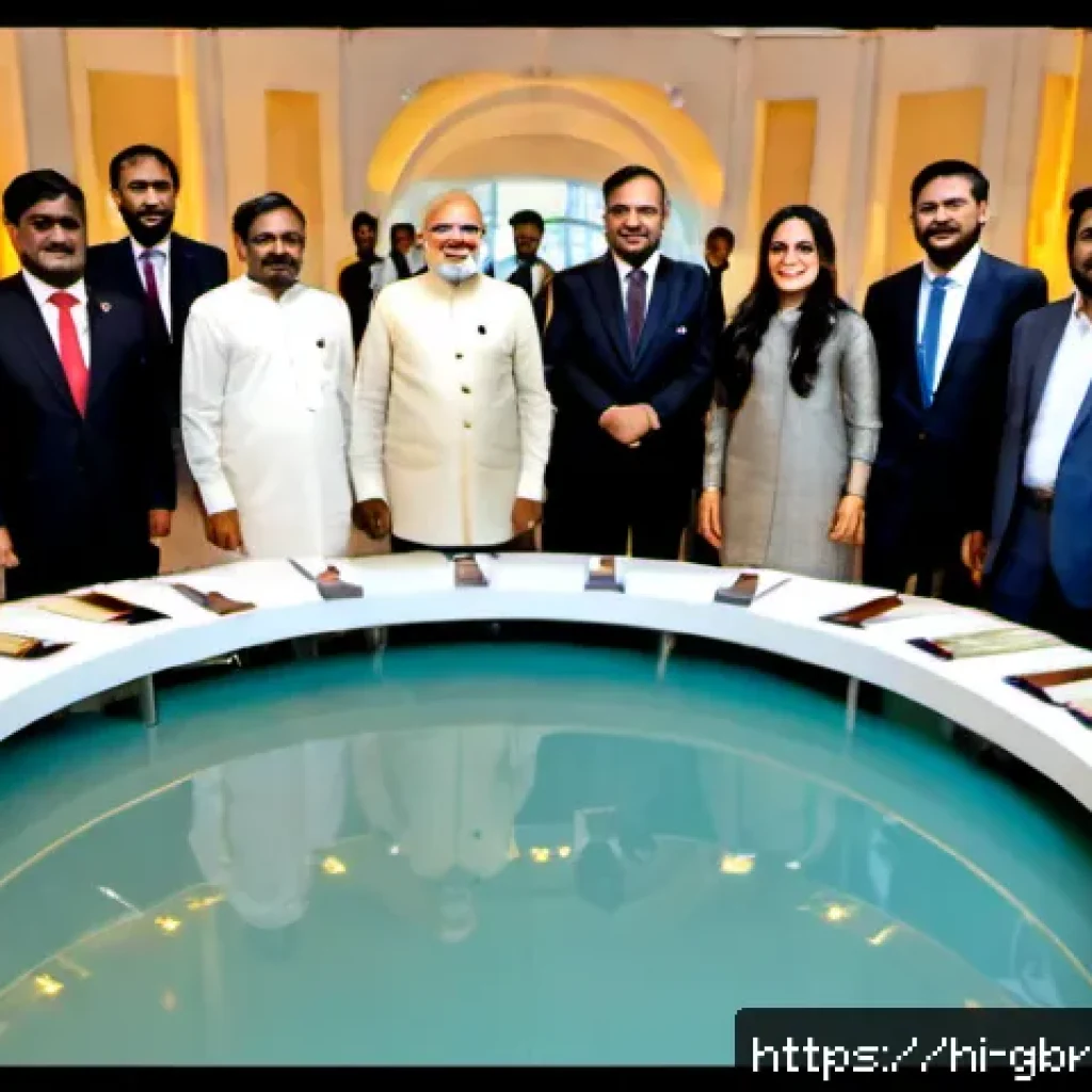 글로벌브릿지 국제 협정 - Photorealistic international agreement ceremony in a grand modern conference hall, Indian diplomat i...