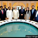 글로벌브릿지 국제 협정 - Photorealistic international agreement ceremony in a grand modern conference hall, Indian diplomat i...