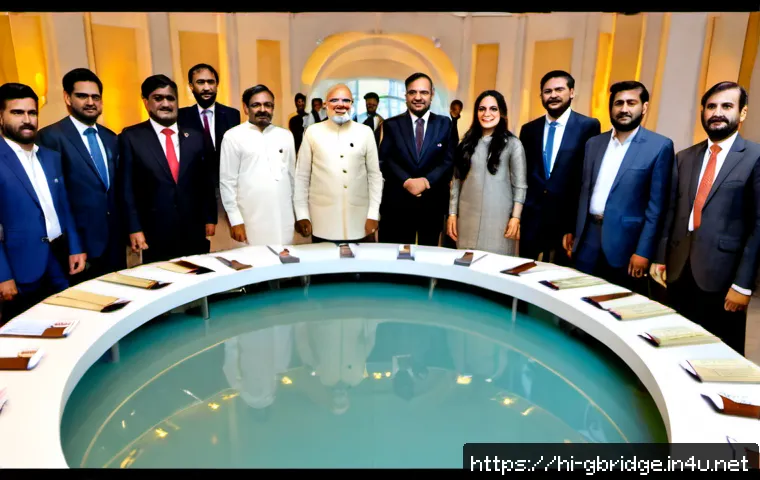 글로벌브릿지 국제 협정 - Photorealistic international agreement ceremony in a grand modern conference hall, Indian diplomat i...