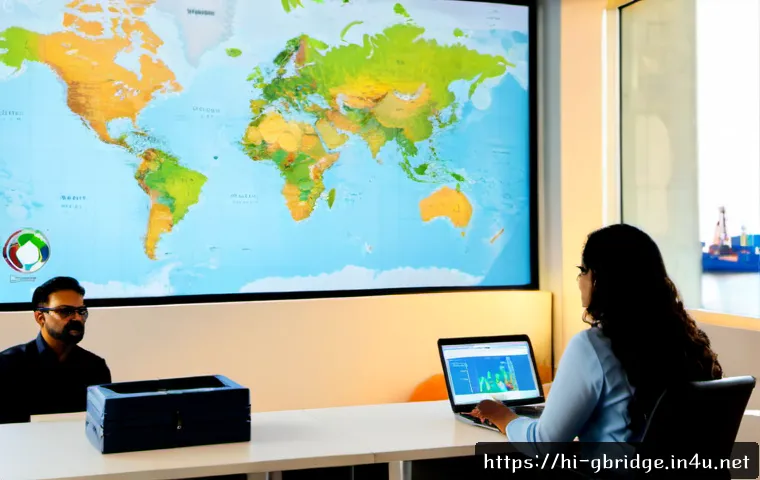 Home 17 글로벌브릿지와 수출입 전략 - Photorealistic international trade strategy scene, Indian business professional reviewing a world ma...
