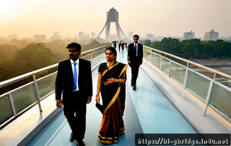Home 17 글로벌브릿지의 정치적 영향 - Photorealistic editorial scene of a diverse Indian policy delegation crossing a modern glass pedestr...